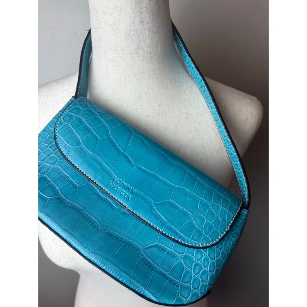 Y2k vintage mini Tommy Hilfiger Teal Croc Embossed Shoulder Bag One Size